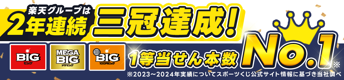 楽天グループは2年連続三冠達成！ BIG、MEGA BIG、100円BIG 1等当せん本数No.1 ※2023～2024年実績についてスポーツくじ公式サイト情報に基づき当社調べ