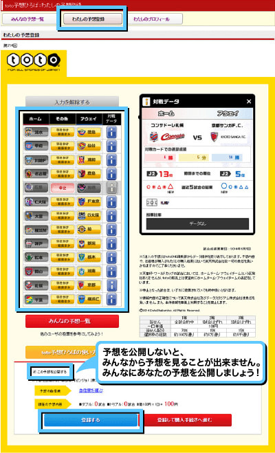 予想を公開しないと、みんなから予想を見ることが出来ません。みんなにあなたの予想を公開しましょう！