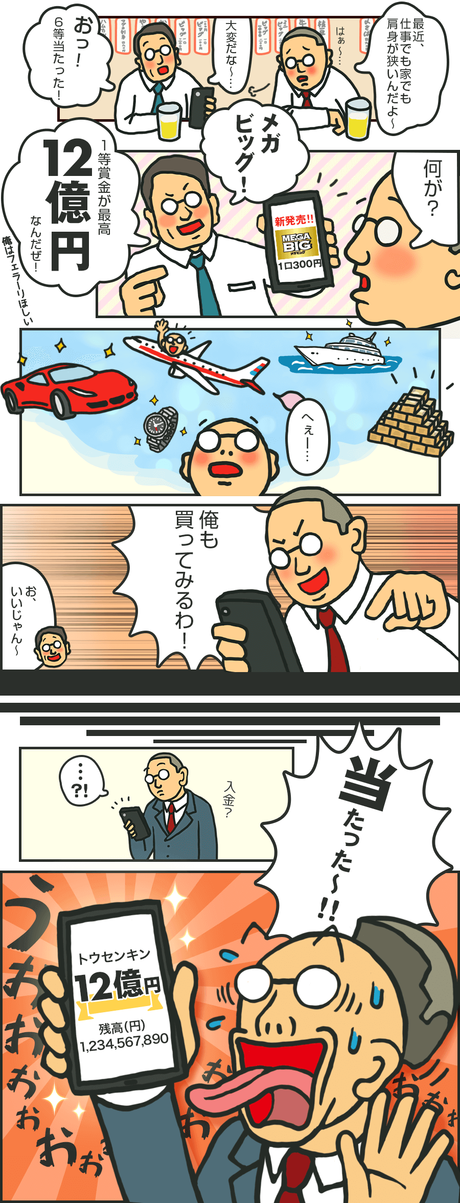 ビールを飲みながら嘆く男性が、同僚からスポーツくじ MEGA BIG(メガビッグ)を紹介される。高級車や旅行、クルーザーなどを夢見て、MEGA BIG(メガビッグ)を購入。後日当選し、スマートフォンに表示された12億円に歓喜する姿が！